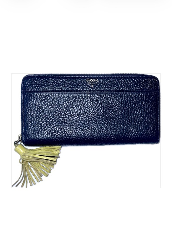 Fossil Handbags - FOSSIL Pebble LEATHER Wallet Black Yellow Tassel Zip A Round Closure No Callouts